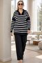 Front Half Zippered Striped Patterned 100% Acrylic Fabric Large Size Bottom Top Set - 6