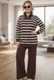 Front Half Zippered Striped Patterned 100% Acrylic Fabric Large Size Bottom Top Set - 9