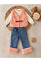 Lined Leather Belt Detailed Plush Vest, Flexible Cotton Bodysuit and Fuzzy Lycra Jeans, 3-Piece Baby Girl Set - 2