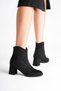 Women's Black Suede Zippered 7 cm Thick Heeled Winter Boots with Western Detail - 5
