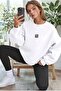 Women's White Free Life Printed 0 Crew Neck Oversize Loose Loose Cut Fleece Sweatshirt