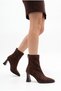 Women's Pointed Toe Back Zipper Bitter Brown Suede Stretch Thick Heeled Boots - 6