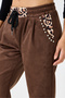 Women's Brown Italian Suede Trousers Leopard Pattern Pocket Stone Detail L Stretch Fabric Wide Fit Elastic Waist - 6