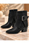 Women's Black Matte Leather Pointed Toe Buckle Detailed Ankle Heeled Boots - 2