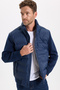 Men's Regular Fit Classic-Cut Zipper-Front Double-Pocket Warm-Weather Stand-Up Collar Navy Blue Coat