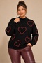 Women's Black Plus Size High Neck Red Stone Heart Embroidery Soft Texture Sweater