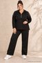 Women's Black Plus Size Top with Stone Detail, Half Zipper, Hooded Bottom Pocket, Stone Detail Pocket, Elastic Waist, Wide Leg, 2-Piece Stretchy 2 Thread Tracksuit Set