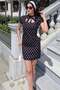 Double Fabric Polka Dot Square Collar Tie Dress — Black
