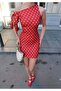 Double Fabric Polka Dot Off-Shoulder Dress — Red - 5