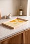 Abstract Yellow and Orange Patterned Natural Wood Framed Rectangular Coffee Presentation, Engagement, and Serving Tray - 4