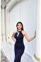 Sandy Fabric Accessory Dress — Navy Blue - 4