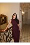 Double Fabric Single Sleeve Detailed Dress — Burgundy - 7