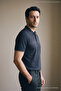Navy Blue Men's Pique Polo Collar T-Shirt with Chest Band - 5