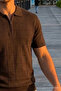Men's Patterned Casual Knitwear Dark Brown Polo Neck T-Shirt - 3