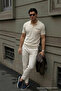 Men's Loose Short Sleeve Beige Polo Collar t Shirt with Pockets - 2