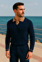 Men's Striped Long Sleeve Navy Blue Loose Polo Neck T-Shirt
