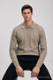 Men's Woven Detailed Zippered Beige Polo Knit Sweater - 4