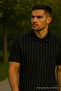 Men's Striped Loose Black Linen Polo Collar T-Shirt - 2