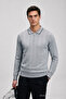 Men's Casual Polo Collar Zippered Gray Striped Knit Sweater