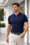 Men's Striped Navy Blue Zippered Polo Knitwear T-Shirt