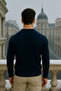 Men's Casual Premium Loose Long V-Neck Navy Blue Sweatshirt - 5