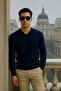 Men's Casual Premium Loose Long V-Neck Navy Blue Sweatshirt - 4