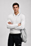 Men's Casual Polo Collar Zippered White Striped Knit Sweater - 5
