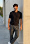 Men's Patterned Casual Knitwear Black Polo Neck t Shirt - 4
