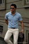 Men's Loose Short Sleeve Blue Polo Collar T-Shirt with Pockets - 4
