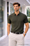 Men's Striped Khaki Zip Polo Knit T-Shirt