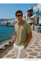 Men's Premium Imported Textured Fabric Striped Green Polo Collar T-Shirt - 2
