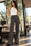 Women's Black Plaid Pattern High Waist Wide Leg Pants Arm-26K136040