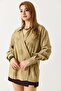 Khaki Woven Fabric Shirt Collar Long Sleeve Relaxed Fit Side Tie Detailed Tunic - 3