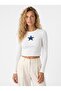White Camisole Fabric Long Sleeve Crew Neck Crop Form Star Embroidered Knitted Blouse - 2