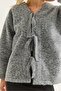 Gray Cashmere Fabric V-Neck Off-Shoulder Relaxed Fit Front Tie Detail Long Sleeve Jacket - 5