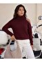 Burgundy Soft Textured Turtleneck Low Shoulder Pearl Detailed Comfortable Fit Knitwear Sweater