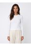 White Ottoman Fabric Crew Neck Long Sleeve Slim Fit Stone Detailed Knitted Blouse - 2