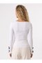 White Cotton Lycra Square Neck Long Sleeve Stretchy Knitted Blouse with Bow Detail on Sleeves - 3