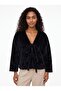 Black Plush Soft Textured V-Neck Relaxed Fit Tie-Front Casual Use Jacket - 2