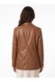 Tan Faux Leather Blazer with Collar, Comfortable Fit, Flap Pocket Detail, Buttoned Jacket - 3