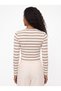 Beige Stretchy Textured Crew Neck Long Sleeve Crop Form Stripe Patterned Knitted Blouse - 3
