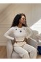 Ecru Stretchy Camisole Fabric Long Sleeve Crew Neck Star Embroidered Crop Form Blouse