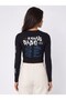 Black Cotton Slim Ribbed Crew Neck Long Sleeve Crop Blouse with Ottoman Print Detail - 3