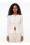 White Crew Neck Long Sleeve Slim Fit Blouse with Gold Button Detail and Front Slit - 2