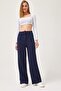 Navy Blue Stretchy Fabric High Waist Wide Cut Palazzo Comfortable Fit Pants with Side Pockets