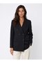 Black Woven Fabric Double-Breasted Collar Oversize Wide Cut Six-Button Blazer Jacket with Pockets - 2