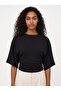 Black Stretchy Textured Crew Neck Bat Sleeve Comfortable Fit Side Gathered Knitted Blouse - 2