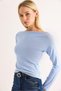 Blue Cotton Stretch Fabric Wide Collar Long Sleeve Comfortable Fit Plain Textured Knitted Blouse - 3