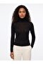 Black Cashmere Textured Turtleneck Stretchy Fabric Long Sleeve Blouse with Transparent Detail - 2