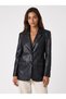 Black Leather Textured Long Sleeve Comfortable Fit Buttoned Blazer Jacket with Flap Pocket Detail - 2